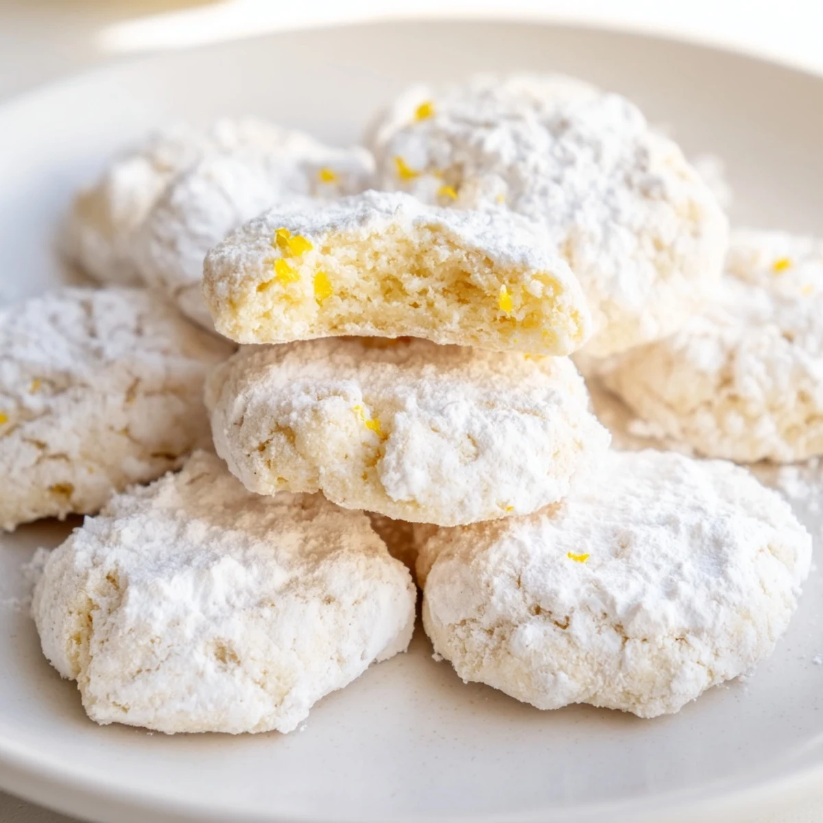 Golden buttery Lemon Meltaways cookies with snowy powdered sugar coating displayed freshly baked