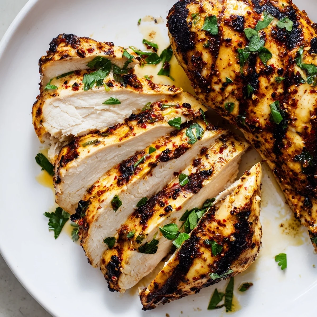 Golden Greek yogurt marinated chicken with charred grill marks on a white plate