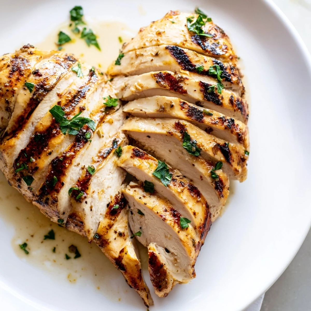 Tender sliced Greek yogurt marinated chicken garnished with fresh parsley and lemon wedges