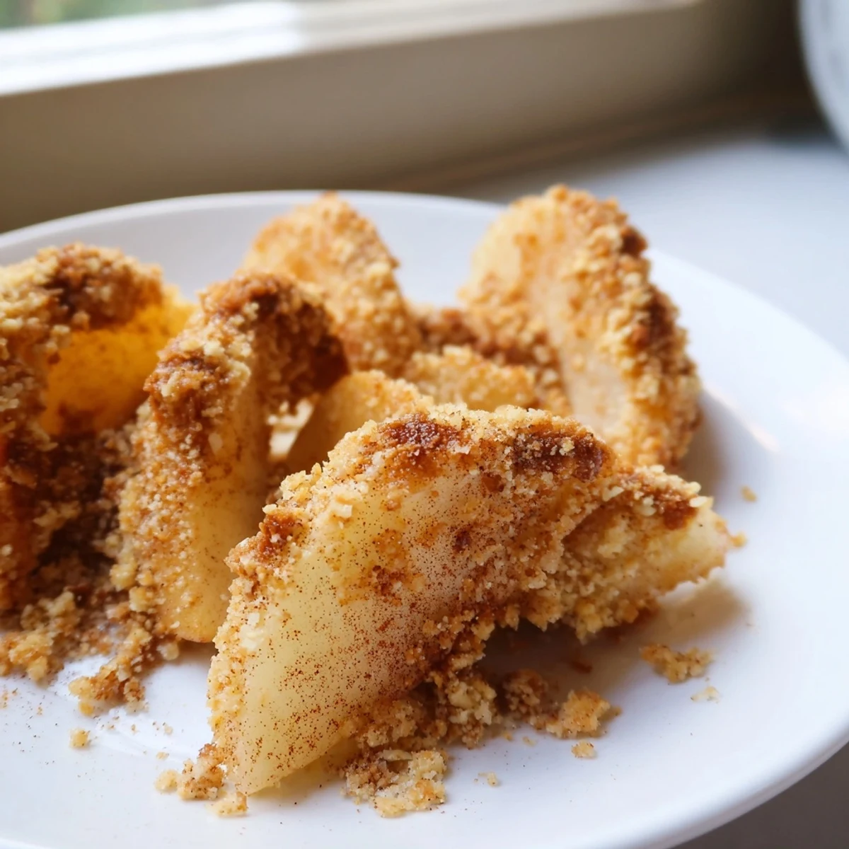 Golden brown crispy air fryer apple slices dusted with cinnamon sugar on a white plate