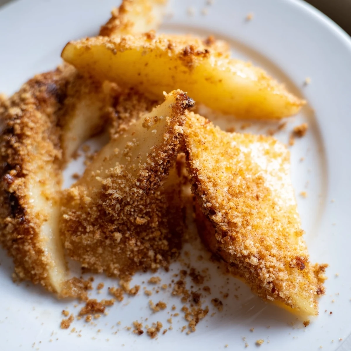 Crispy air fryer apples with oat topping served warm beside melting vanilla ice cream