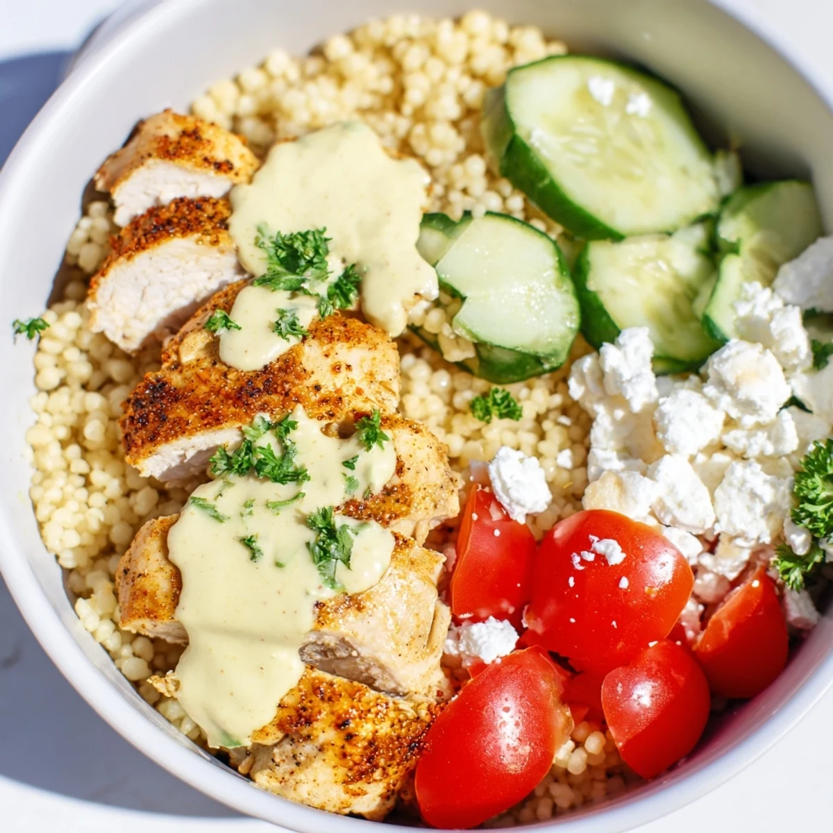 Fluffy couscous layered with spiced chicken crisp cucumbers and bright lemon herb drizzle