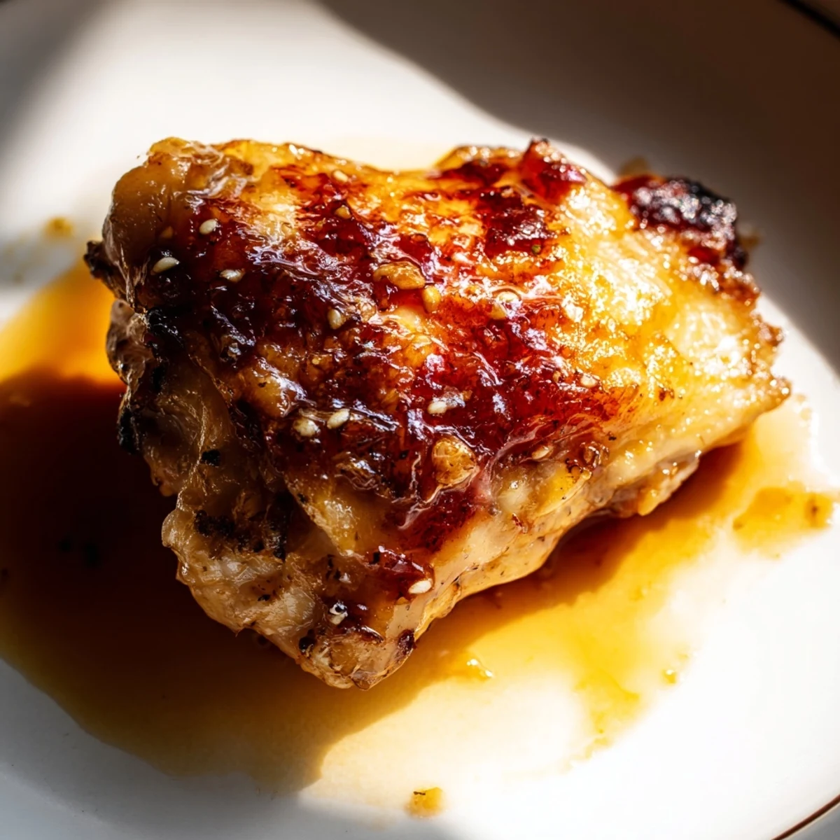 Savory Glazed Chicken glistening with golden honey sauce on a white dinner plate