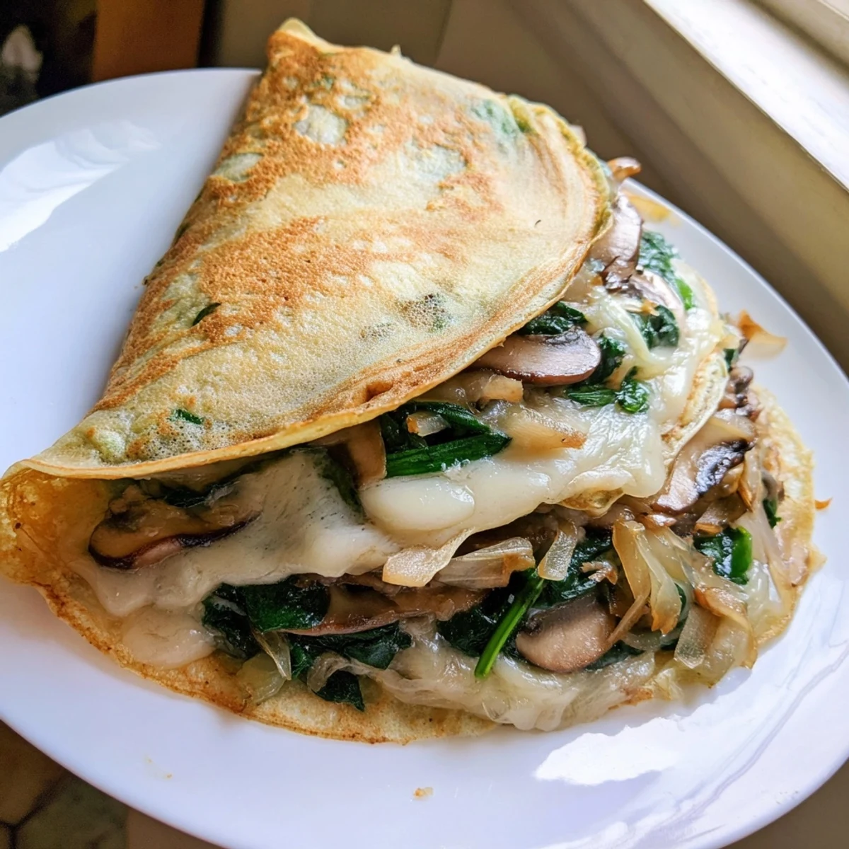 Golden savory crepes filled with sautéed spinach, mushrooms, and melted Gruyère cheese on a plate