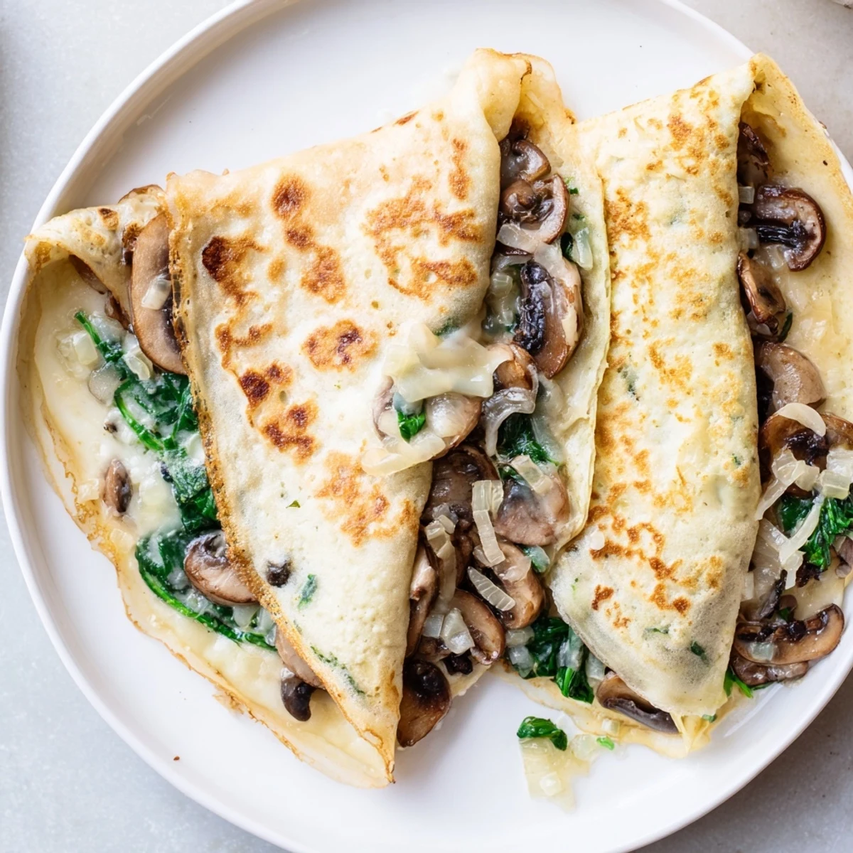 Thin French savory crepes rolled around tender spinach and golden mushrooms with gooey melted cheese