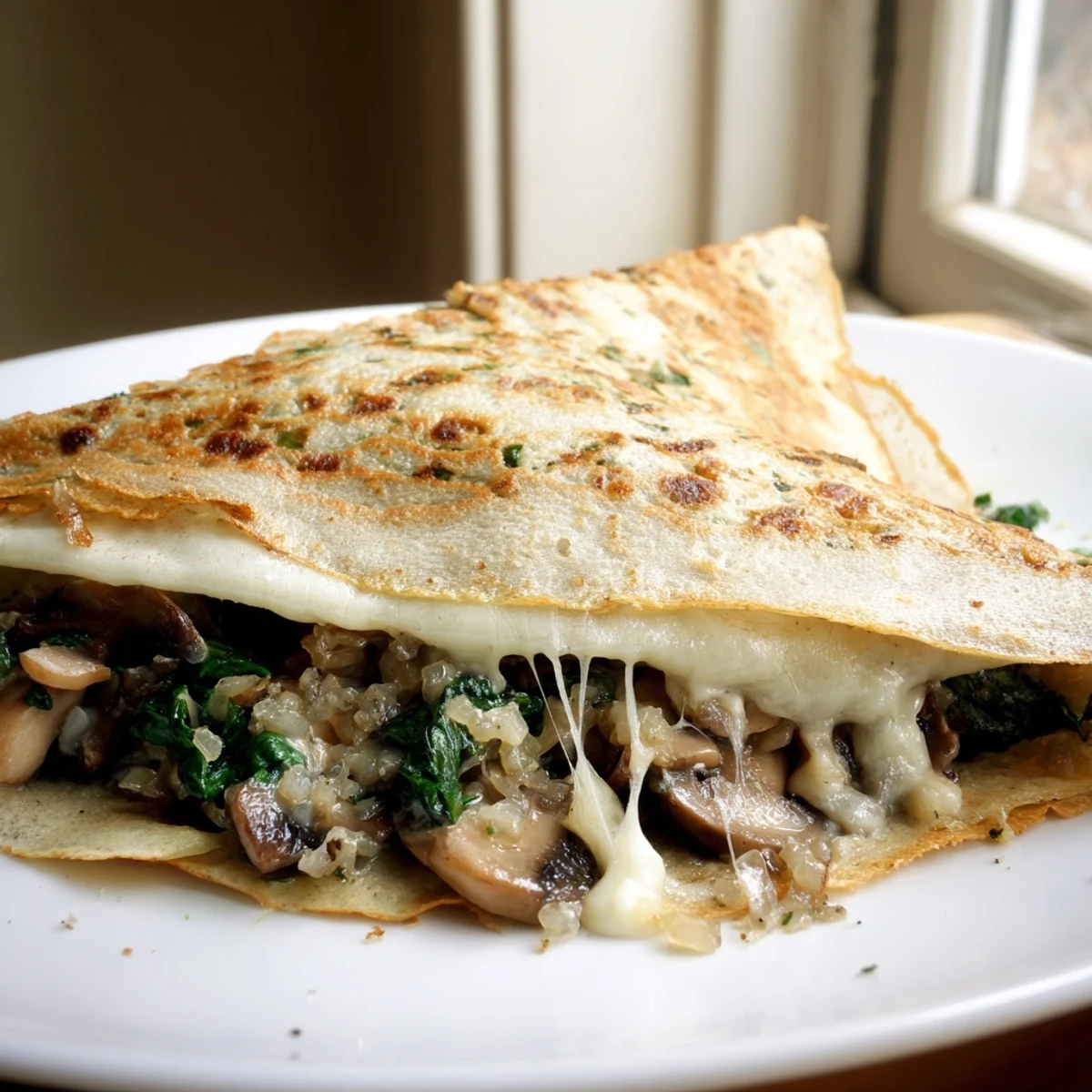 Savory crepes topped with fresh herbs, showcasing a creamy spinach and mushroom filling inside