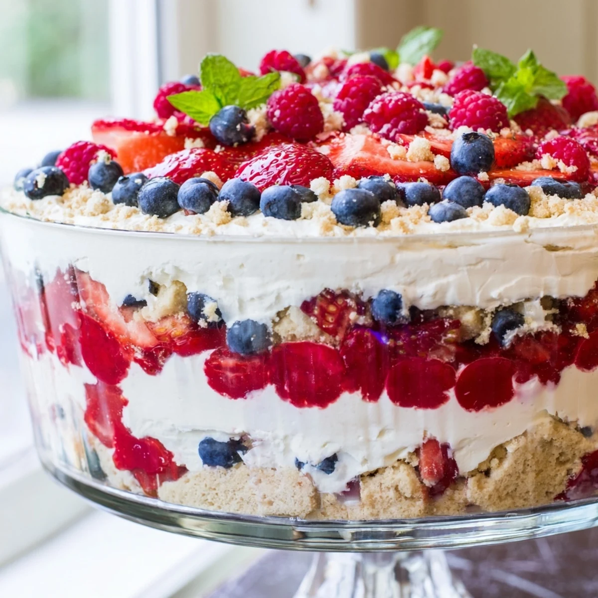Creamy Red White Blue Mixed Berry Yum Yum layered in a glass trifle bowl