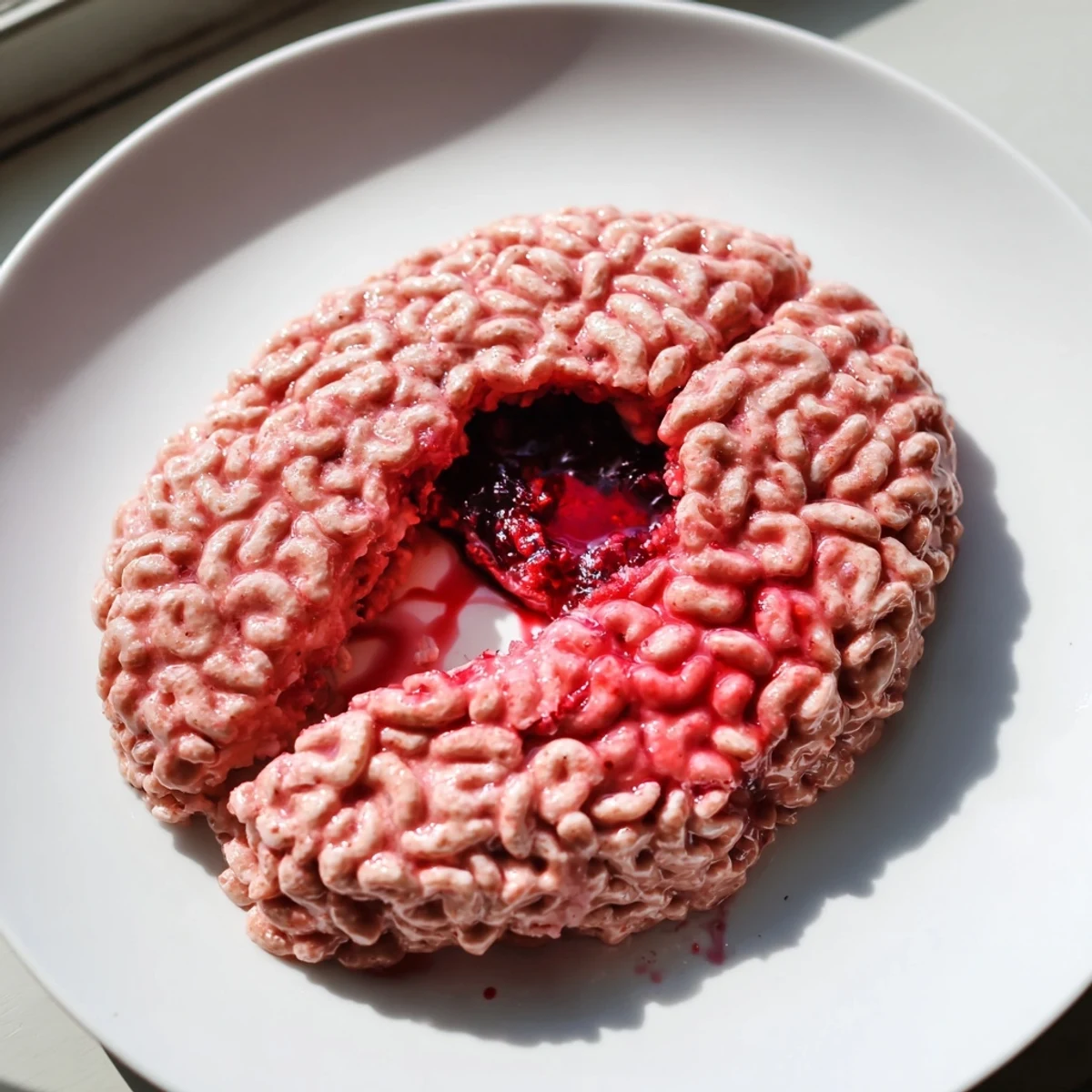 Crusty pink spooky stuffed crispy rice cereal brain oozing bright red berry jam on a Halloween party plate