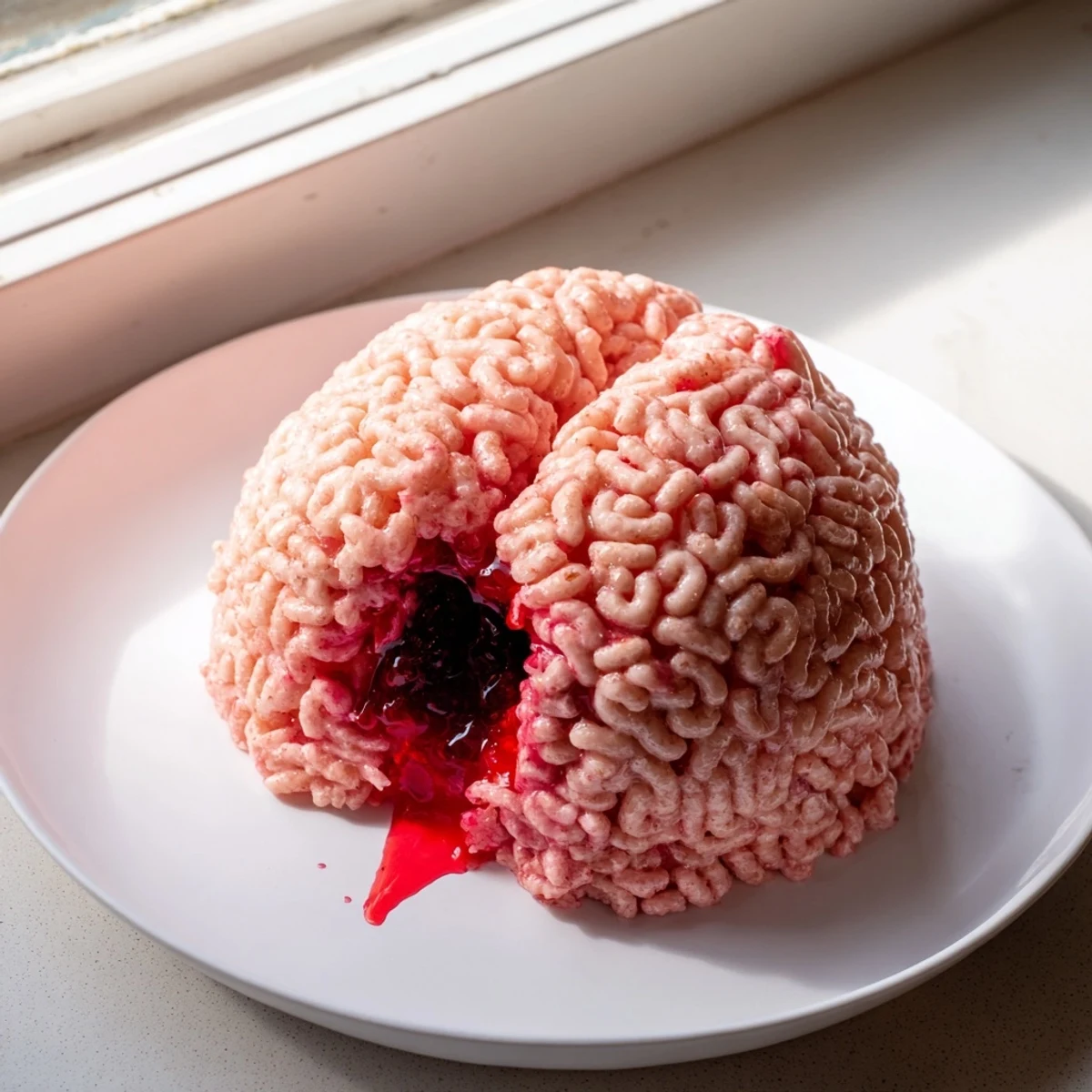 Spooky stuffed crispy rice cereal brain sliced open revealing gooey raspberry filling on a dark eerie serving board