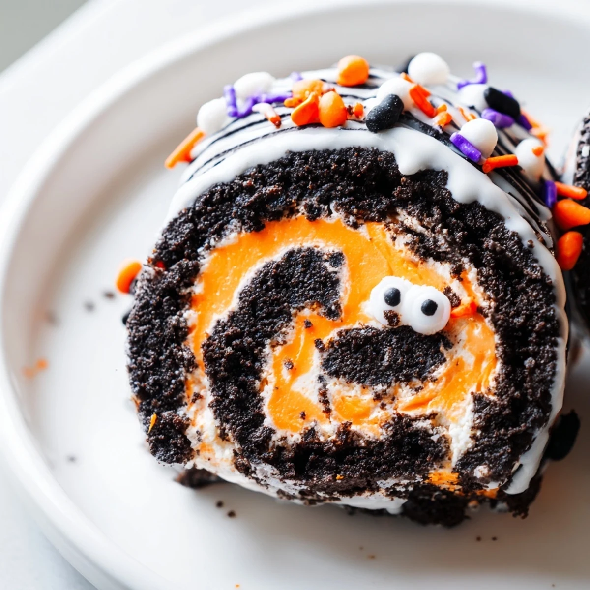 A sliced Halloween Oreo Roll showcasing a creamy orange filling and spooky candy eyes on a dark Oreo crust