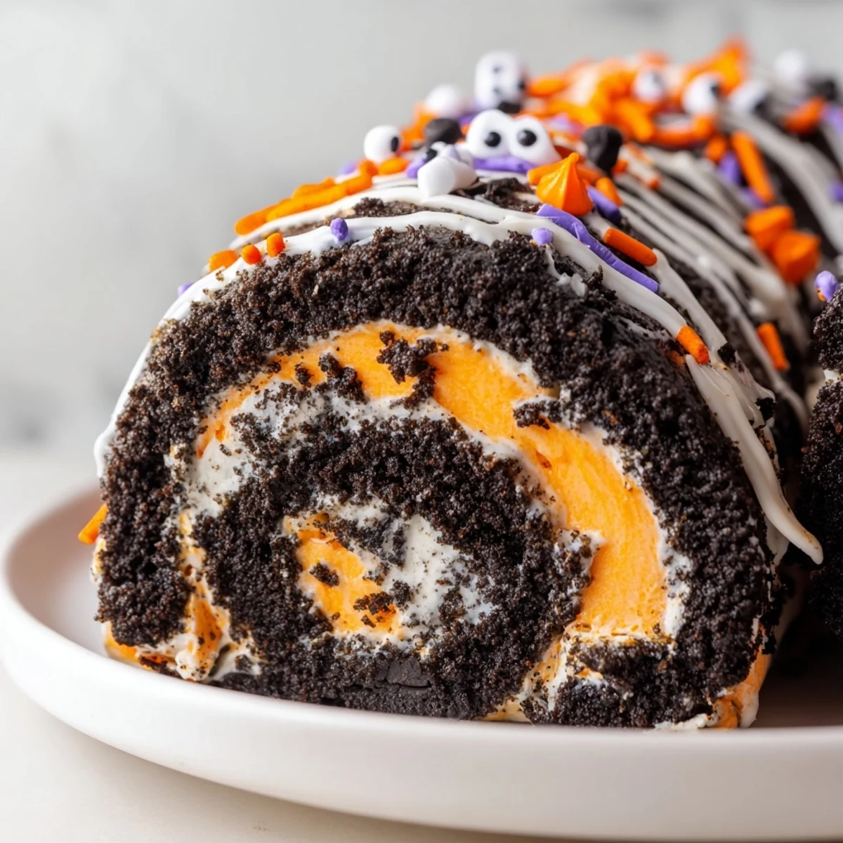 No bake Halloween Oreo Roll drizzled with white chocolate and topped with festive purple and orange sprinkles
