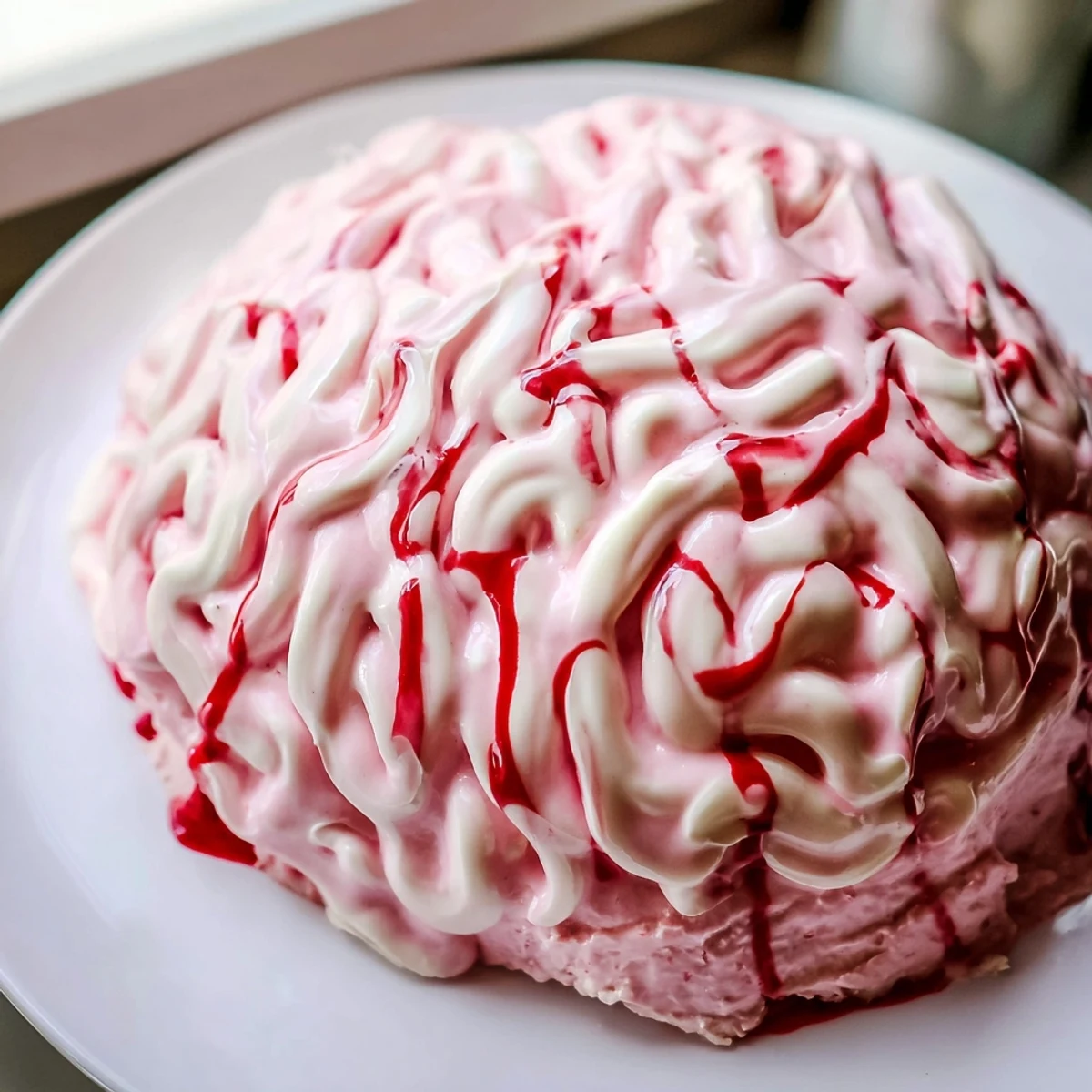 Creepy no bake strawberry cheesecake brain with red coulis drizzle on dark plate