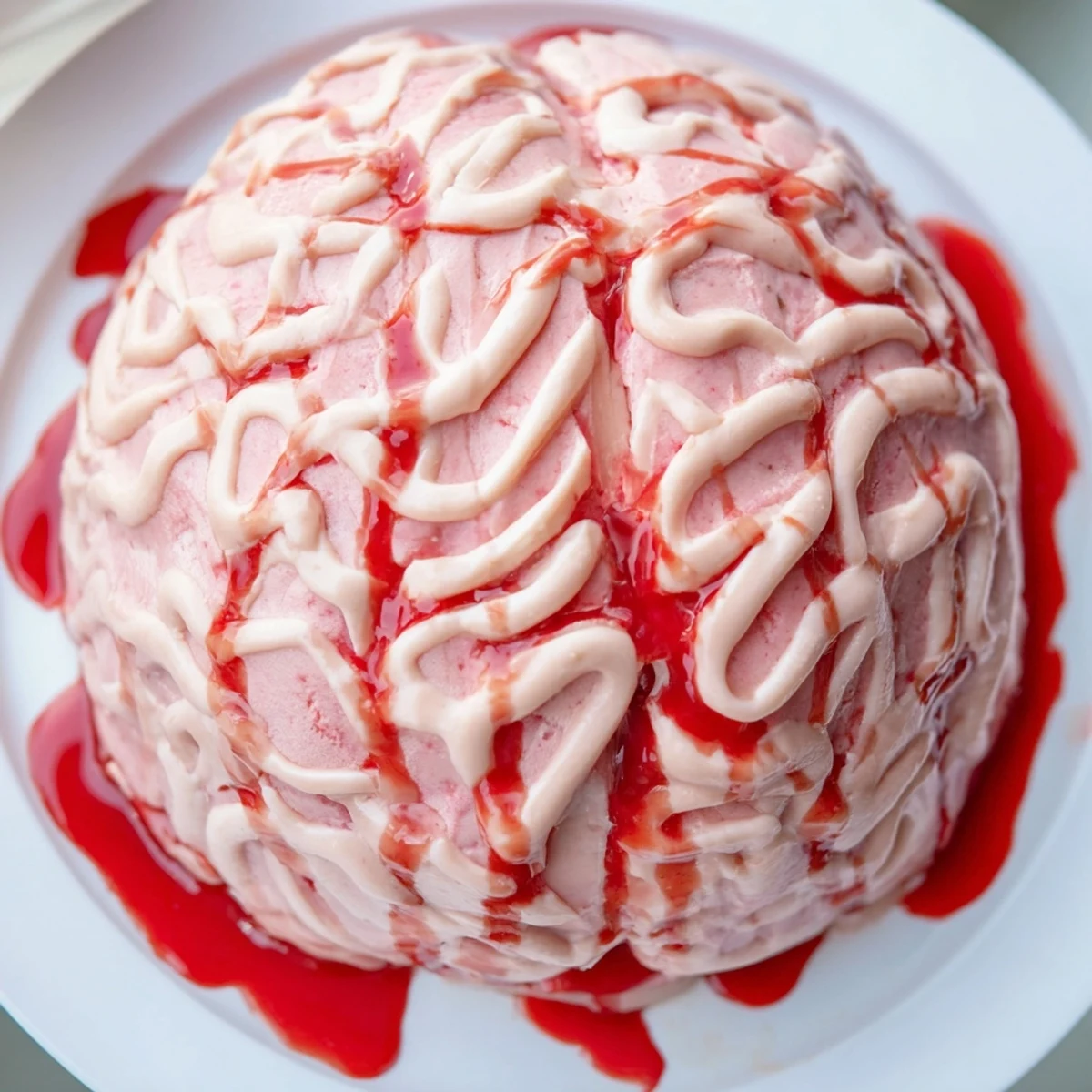 No bake strawberry cheesecake brain topped with pink chocolate squiggles and berry sauce