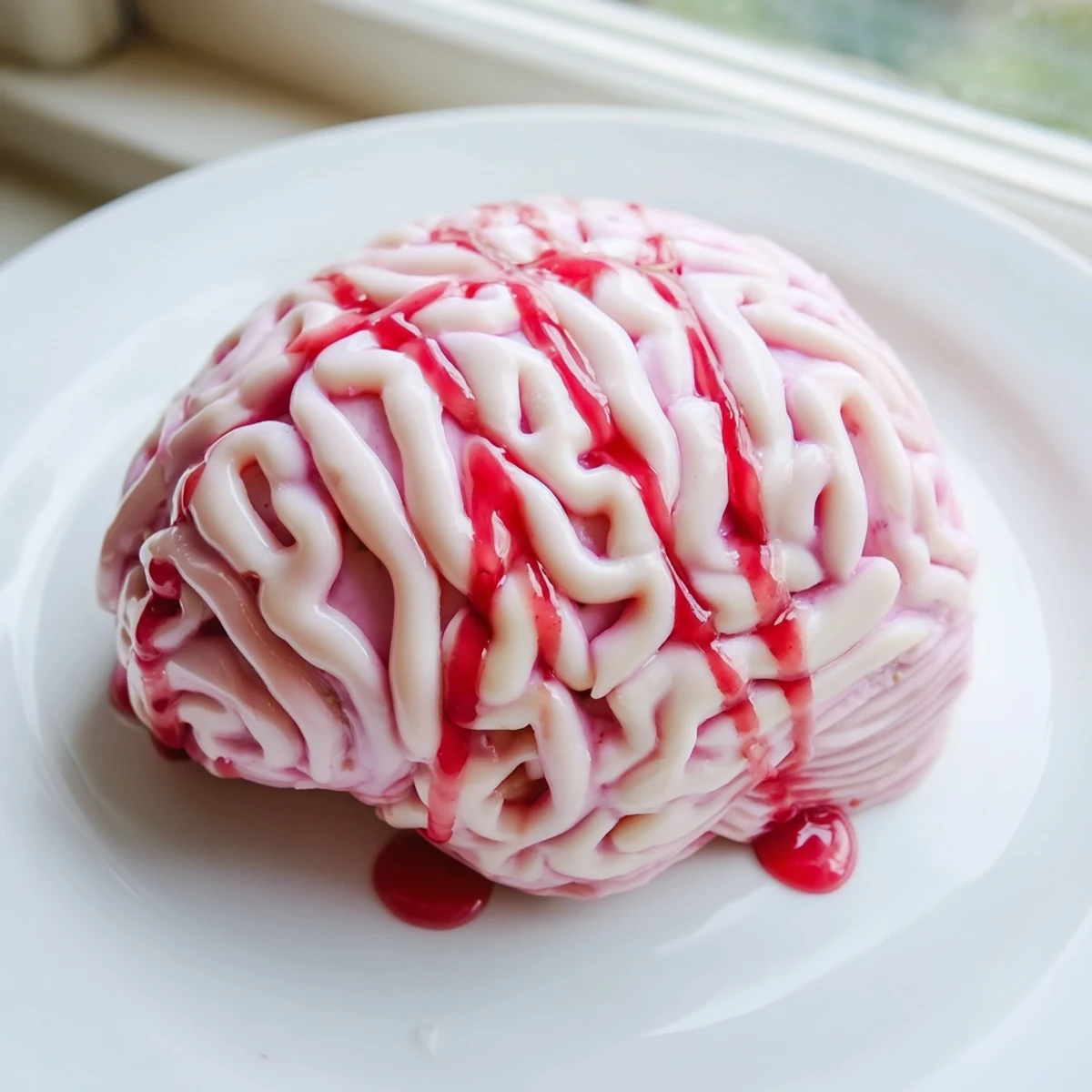 Spooky no bake strawberry cheesecake brain sliced to reveal creamy strawberry filling and crust