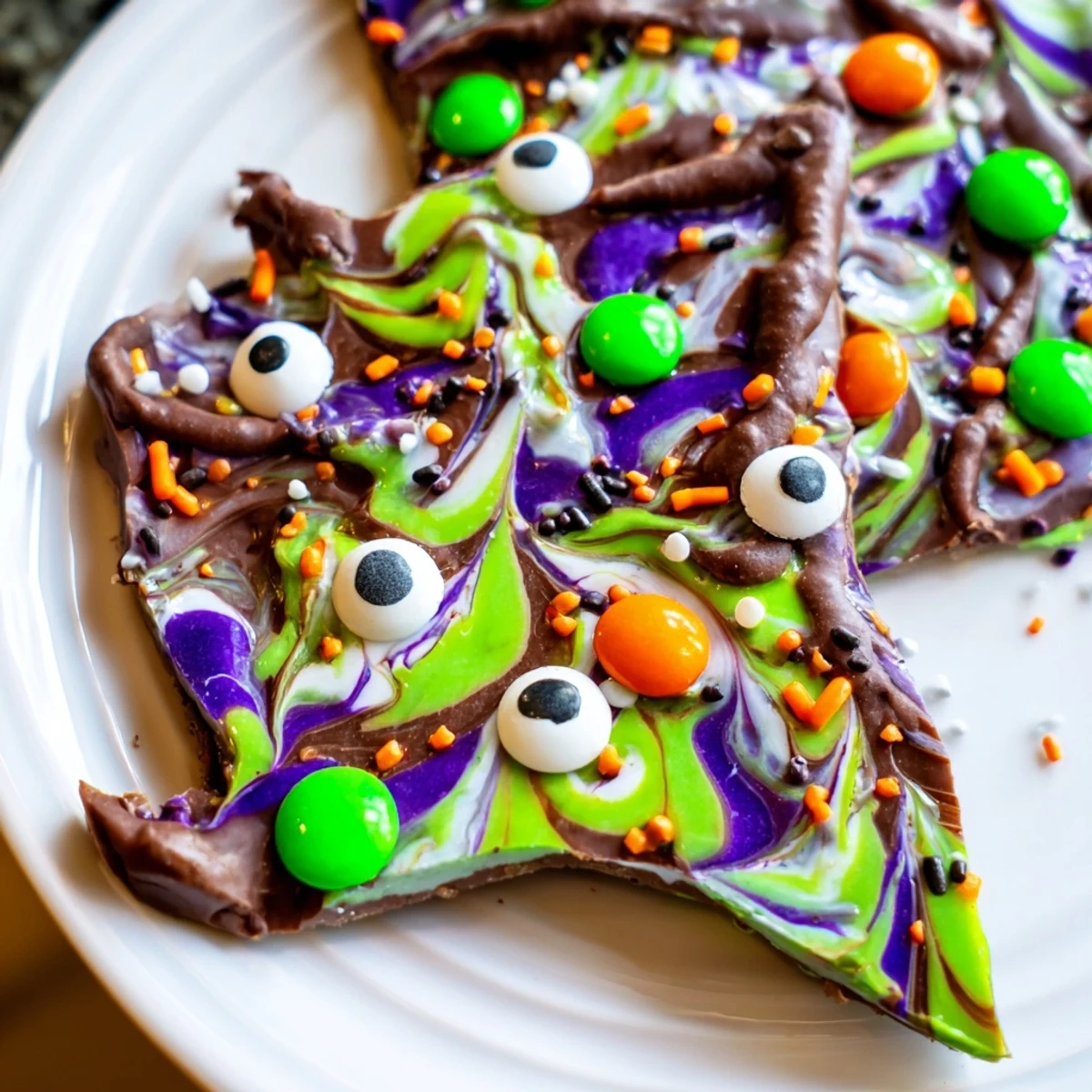 Melting Witches Bark with swirled chocolate, candy eyes, and colorful Halloween sprinkles