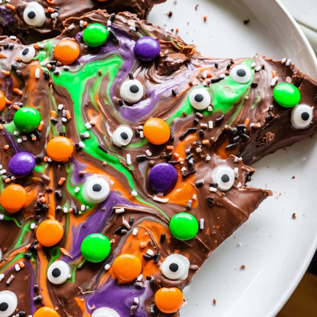 Dark and white chocolate marbled Melting Witches Bark topped with spooky candy eyes