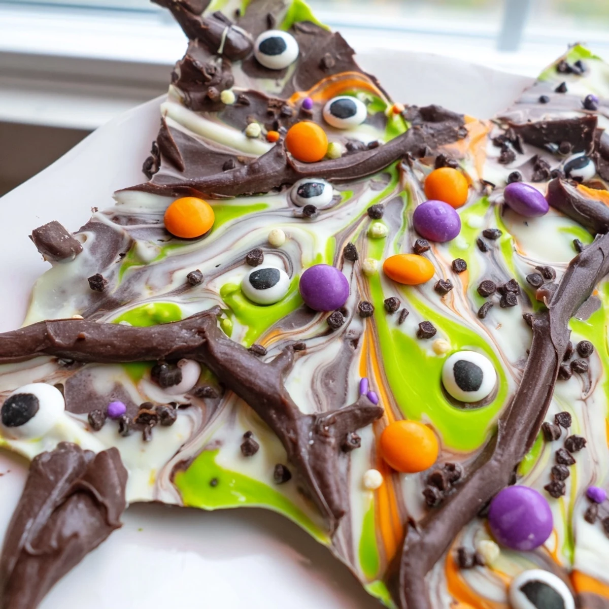 Melting Witches Bark broken into rustic pieces studded with mini chocolates and sprinkles
