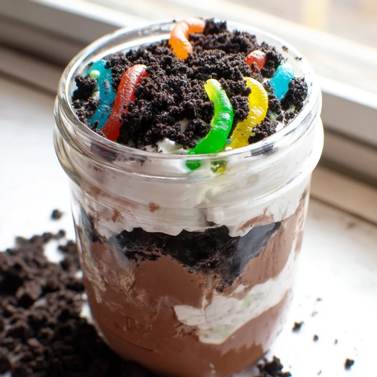 Creamy dirt pudding with chocolate layers and gummy worms in clear cups