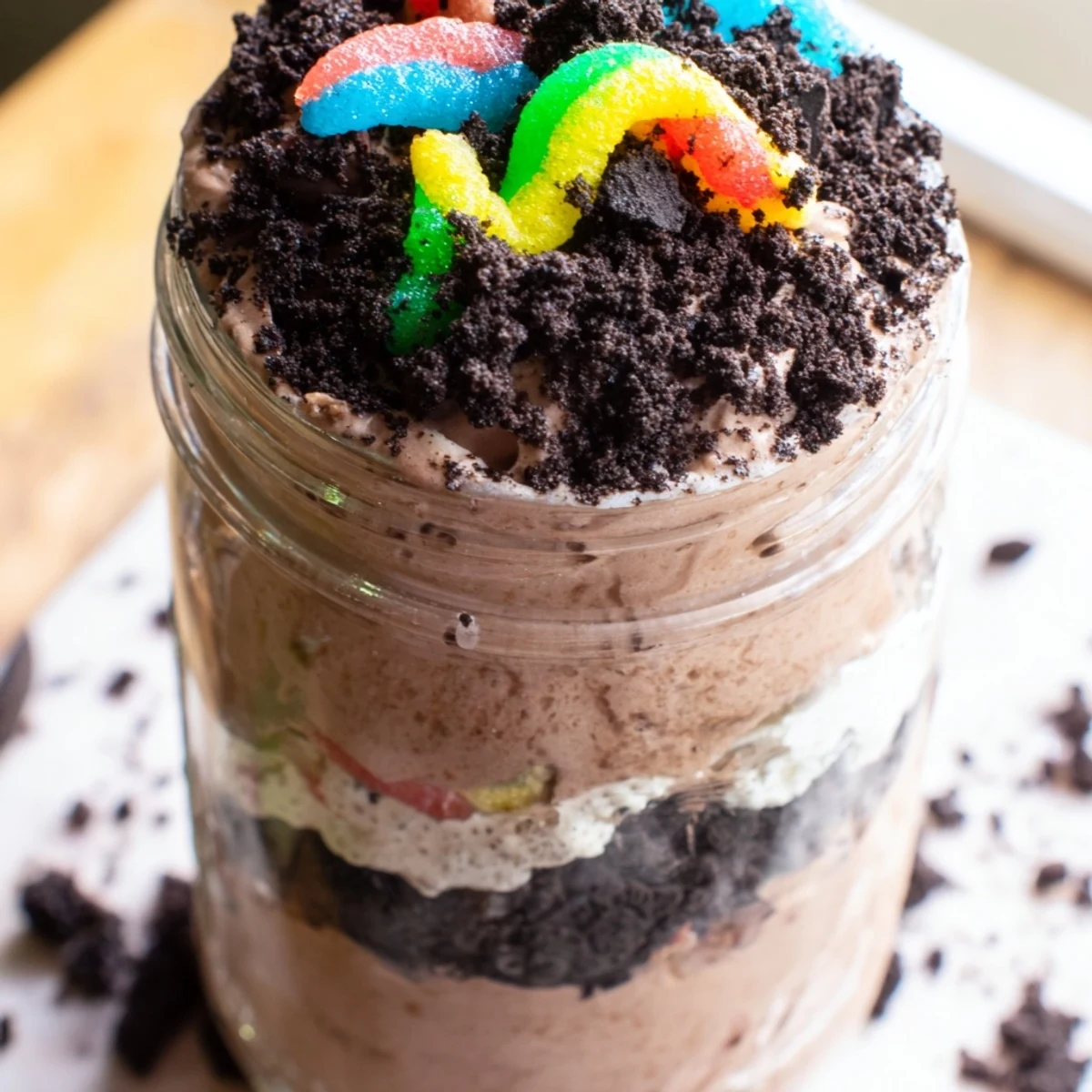 Crushed cookie crumbs top this rich dirt pudding dessert with crawling gummy worms