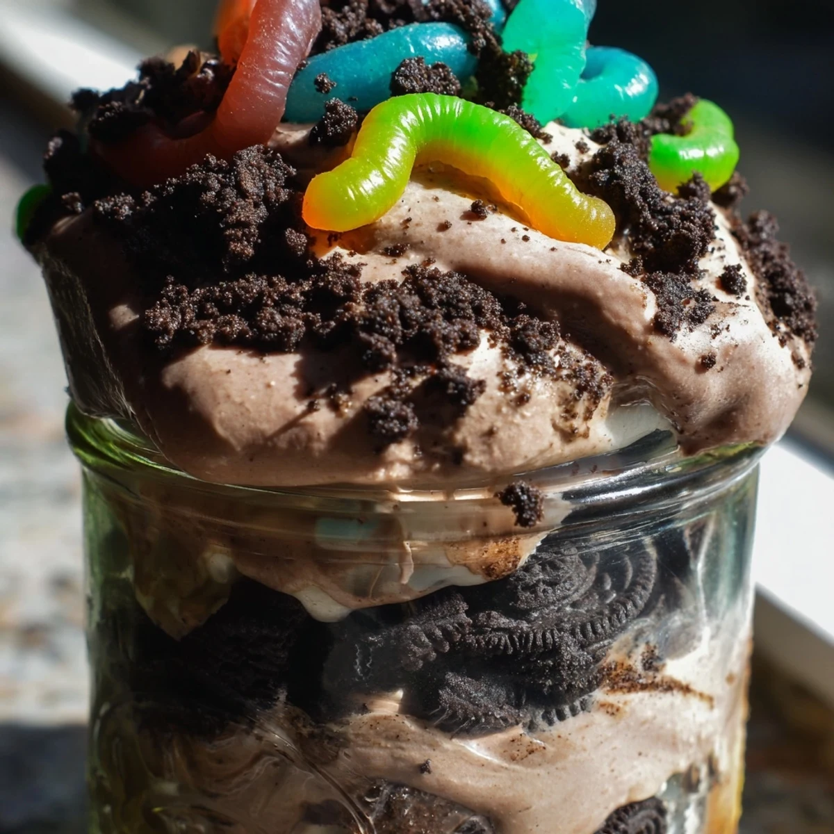 Layered dirt pudding featuring velvety chocolate mousse and crunchy Oreo cookie dirt