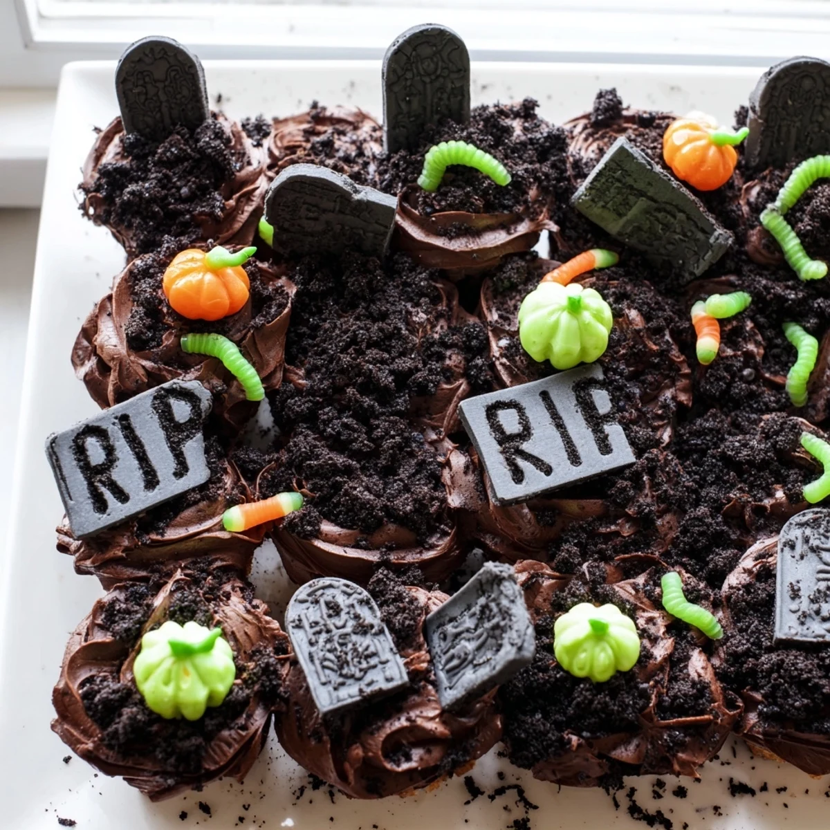 Pull Apart Graveyard Cupcakes topped with chocolate frosting and crumbled cookie dirt on a Halloween tray