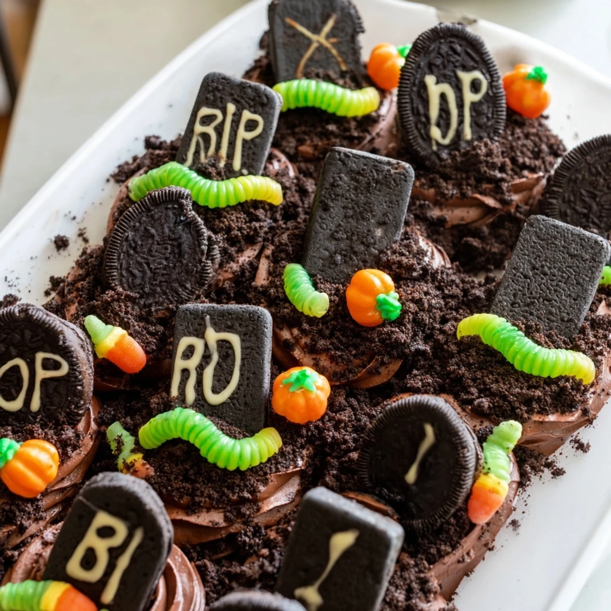 A close-up of Pull Apart Graveyard Cupcakes decorated with tombstone cookies, gummy worms, and candy pumpkins