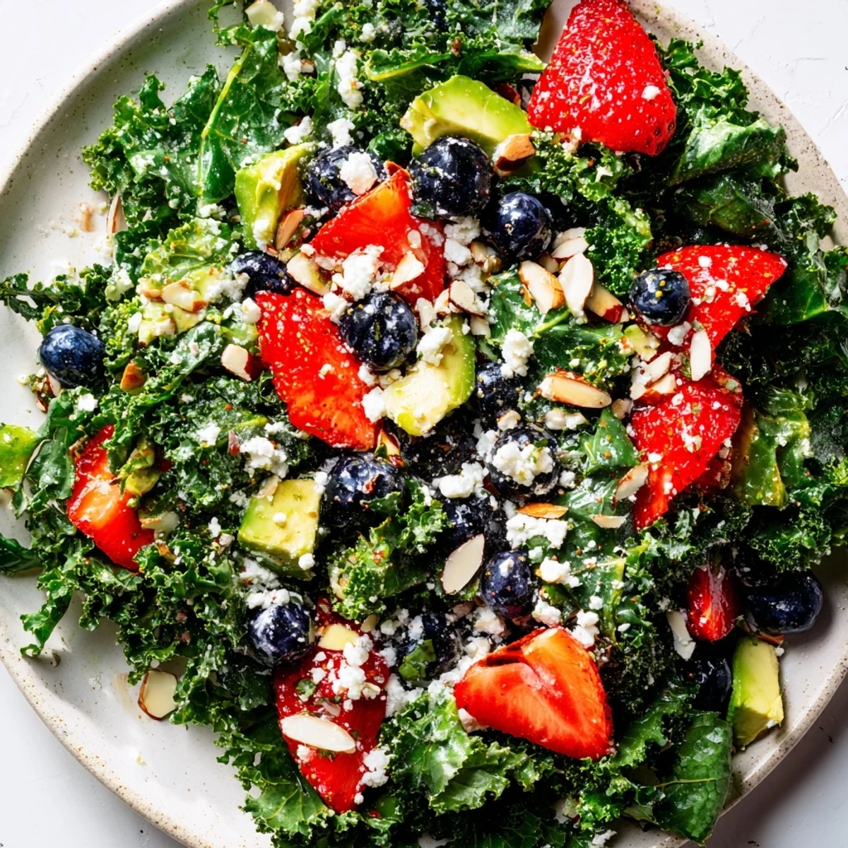 A colorful summer kale salad topped with feta, almonds, and fresh berries in a shallow bowl.