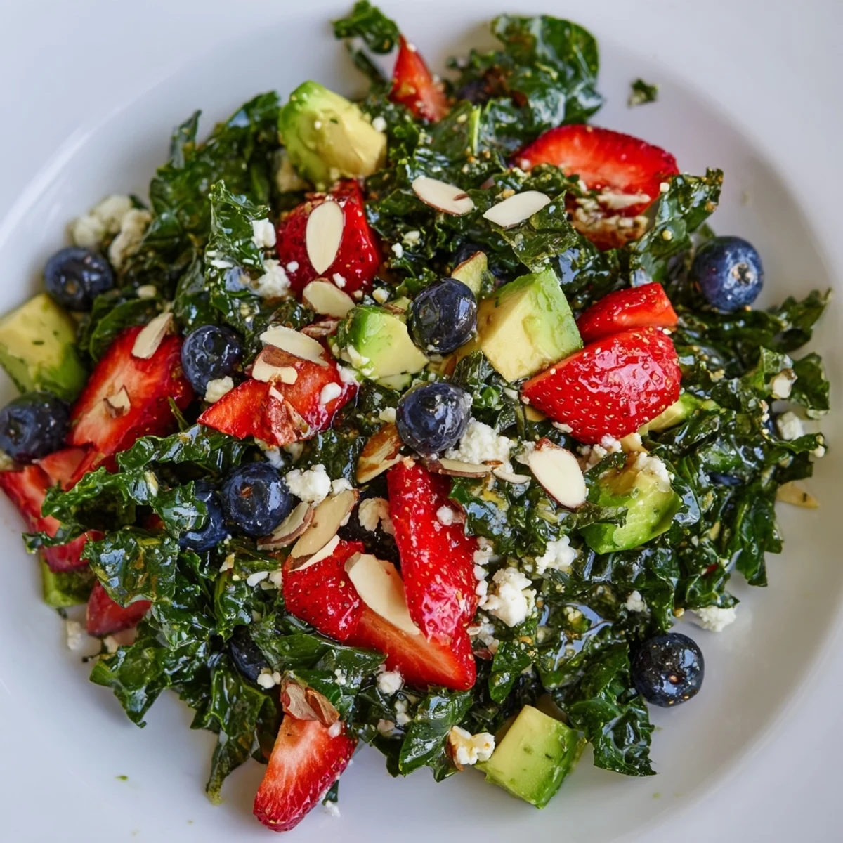 Vibrant summer kale salad drizzled with lemon-honey vinaigrette beside sliced strawberries and avocado.