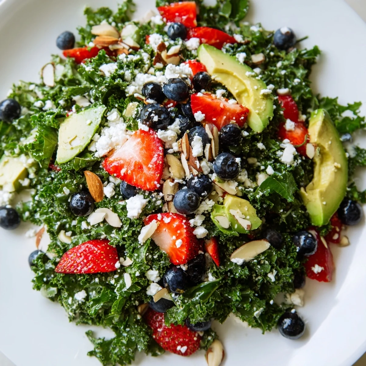 Hearty summer kale salad with juicy cherry tomatoes and toasted almonds on a white plate.