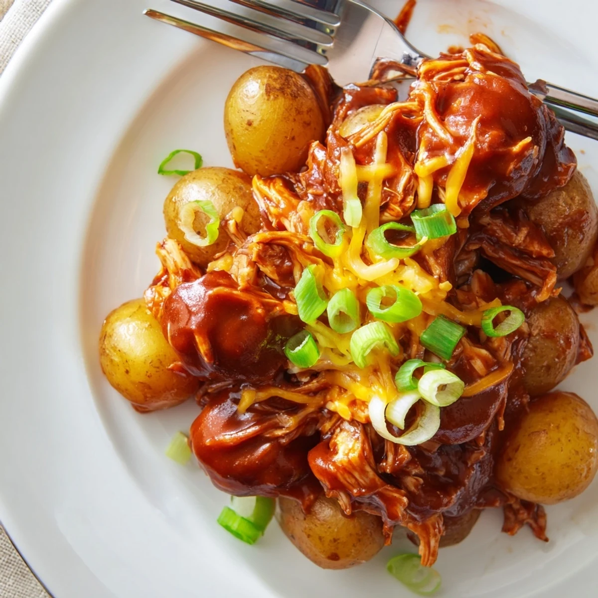 Golden roasted baby potatoes loaded with honey BBQ chicken and melted cheddar