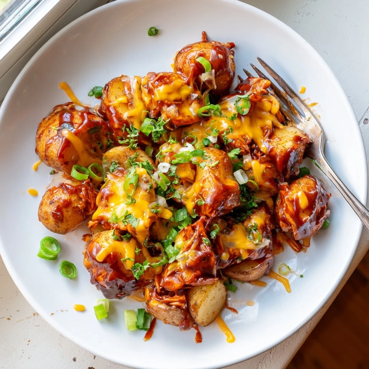 Hearty honey BBQ chicken and potatoes plated hot with green onion garnish