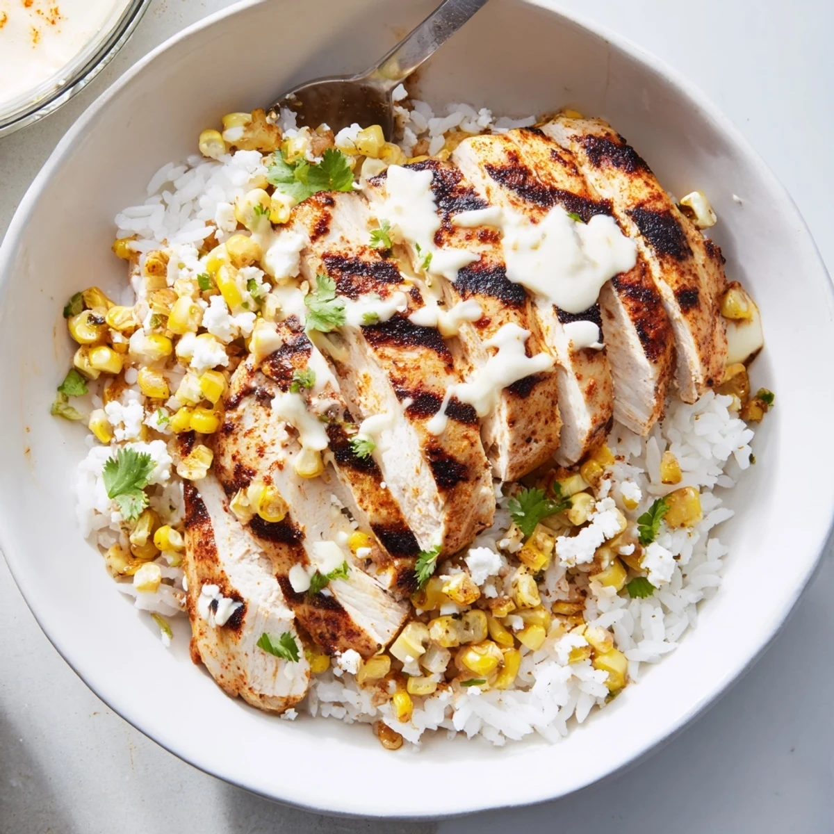 Juicy grilled chicken and charred corn over rice in a street corn chicken rice bowl.
