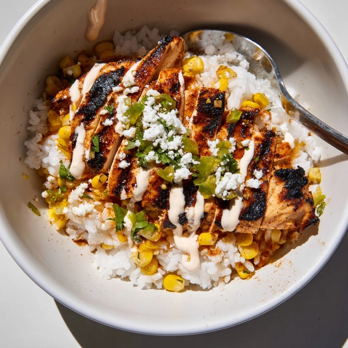 Creamy sauced street corn chicken rice bowl topped with crumbled cotija and fresh cilantro.