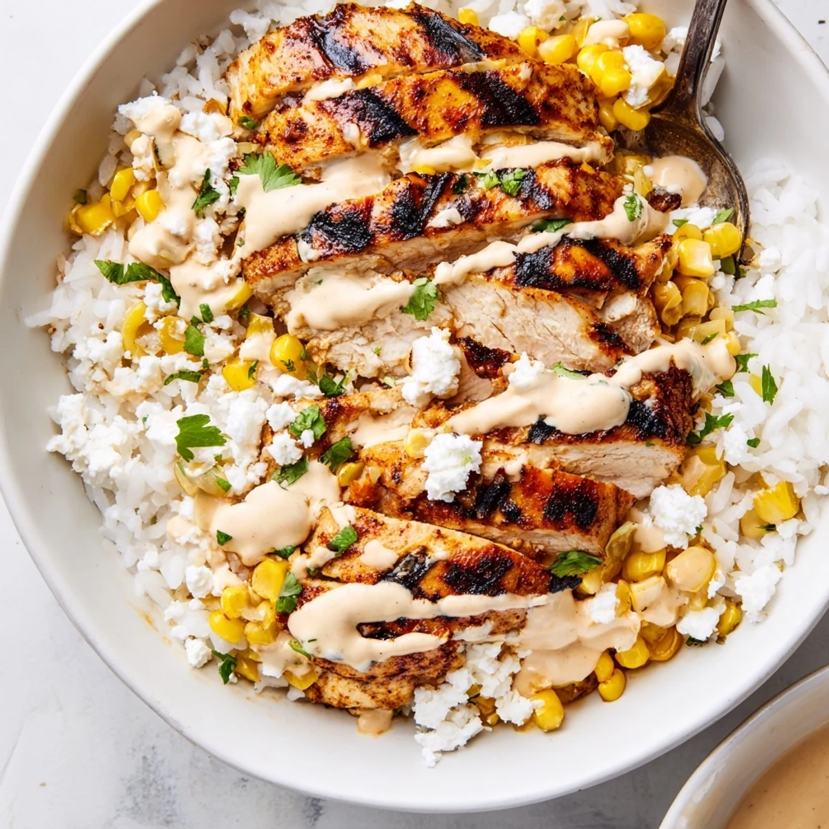 A golden street corn chicken rice bowl drizzled with tangy sauce beside a lime wedge.