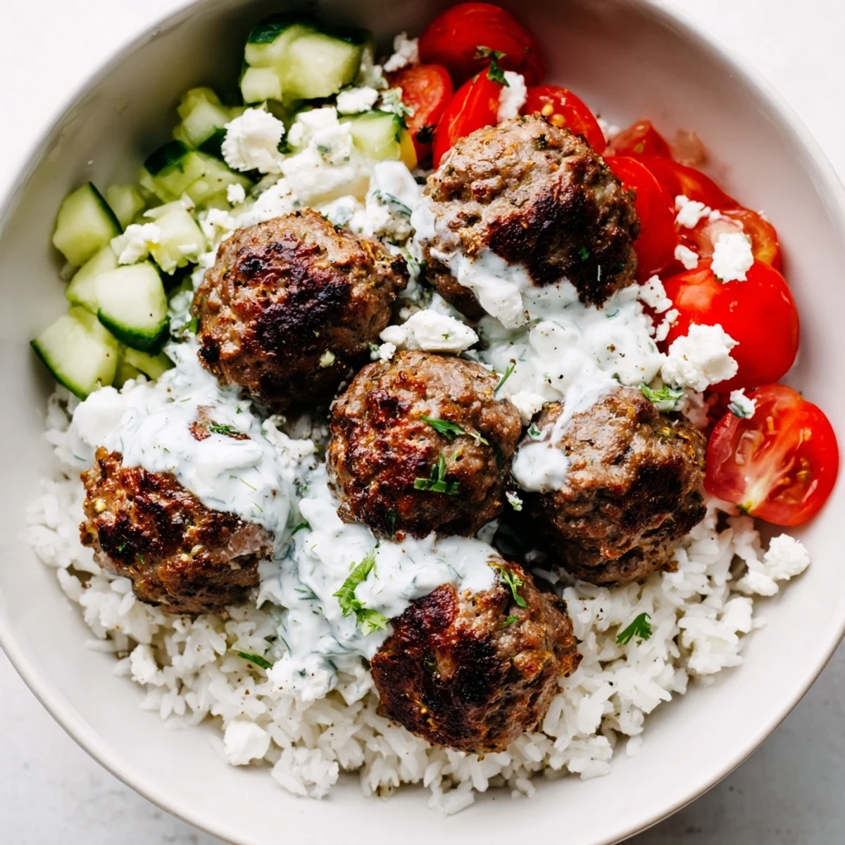 Golden brown Greek meatball bowl drizzled with creamy tzatziki over fluffy rice