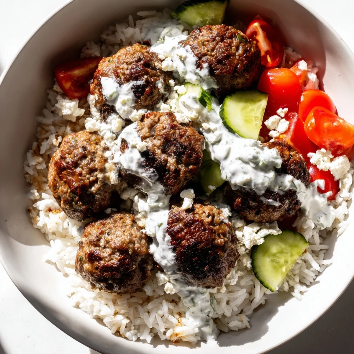 Sizzling Greek meatball bowl served with cherry tomatoes and a lemon wedge