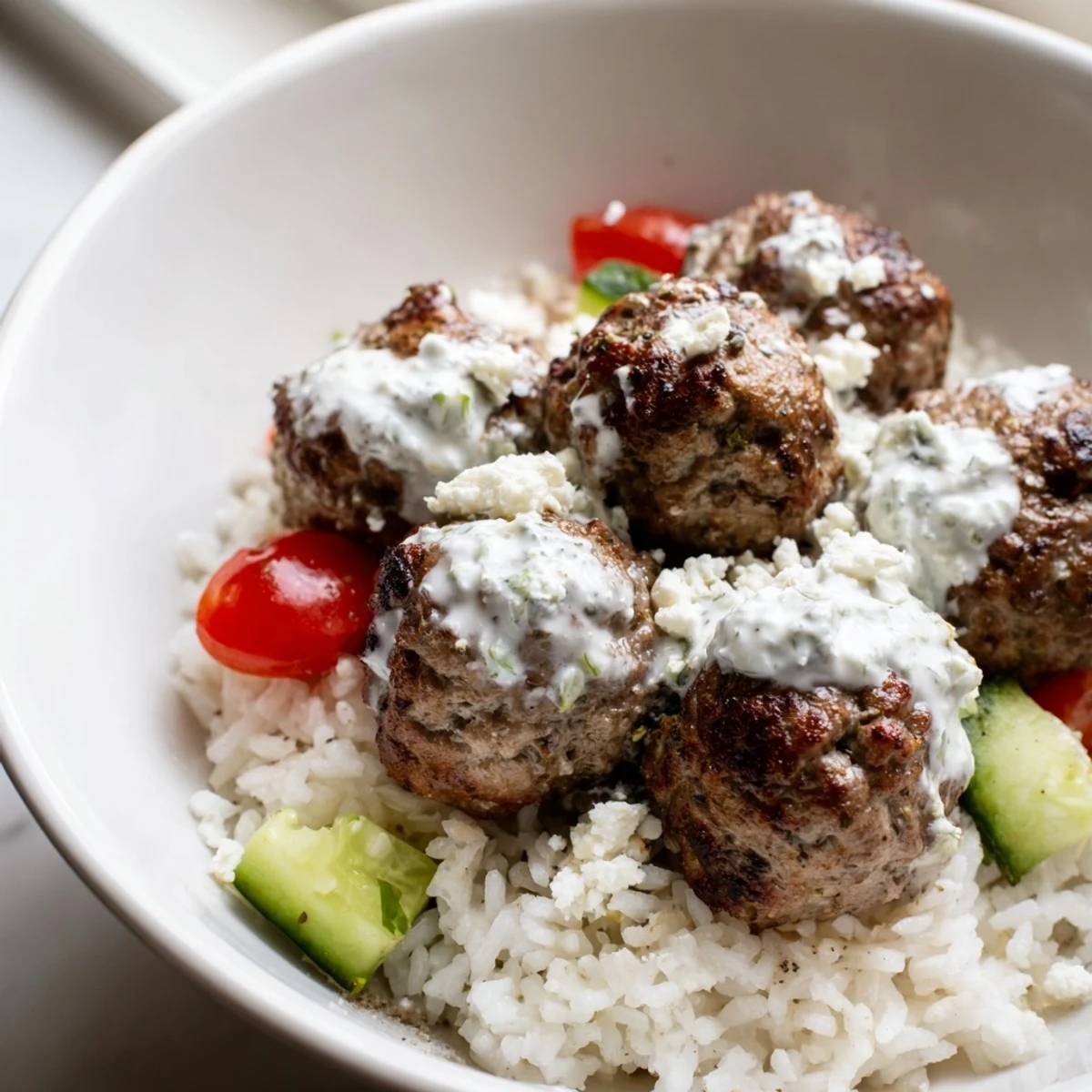 Juicy Greek meatball bowl topped with crumbled feta, olives, and fresh dill
