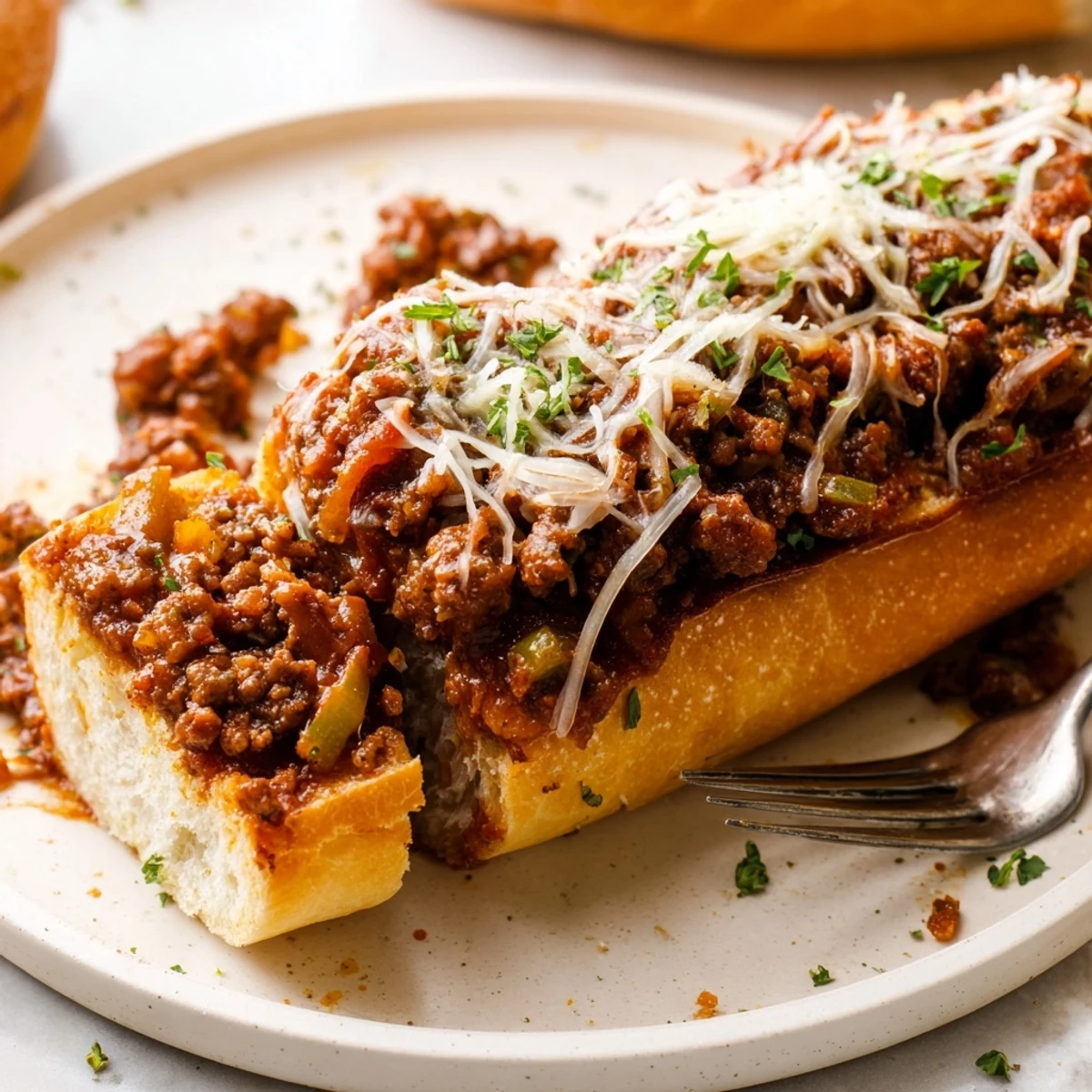 Buttery toasted baguette topped with saucy Garlic Bread Sloppy Joes and melted mozzarella