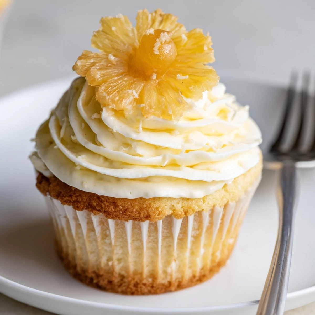 Dole Whip Cupcakes Recipe showing fluffy pineapple cupcakes topped with creamy frosting