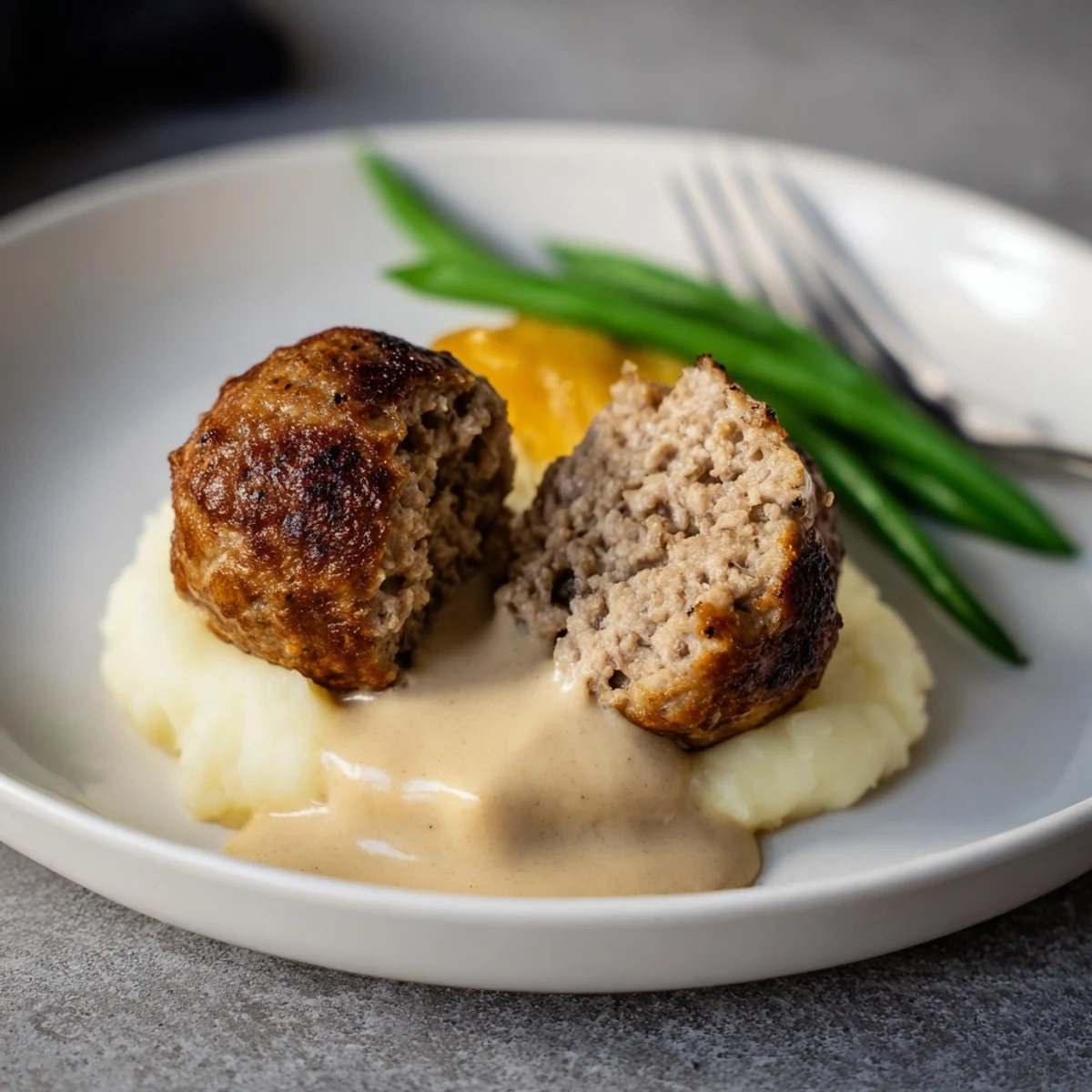 Homemade Ikea Meatballs steaming in creamy gravy over buttery mashed potatoes