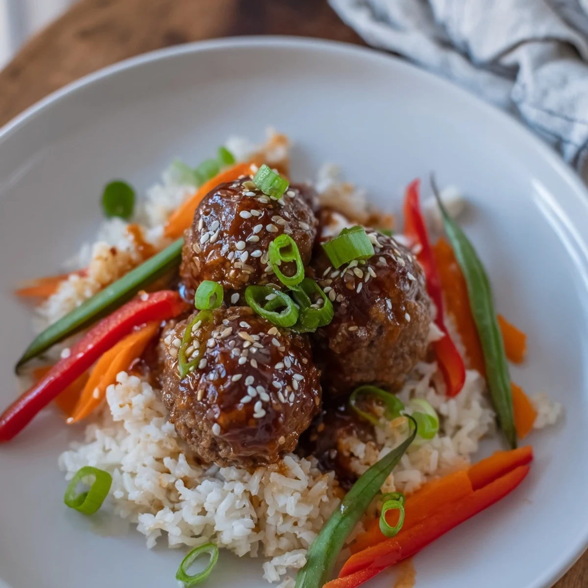 Hello Fresh Firecracker Meatballs glazed in sticky red sauce over fluffy jasmine rice