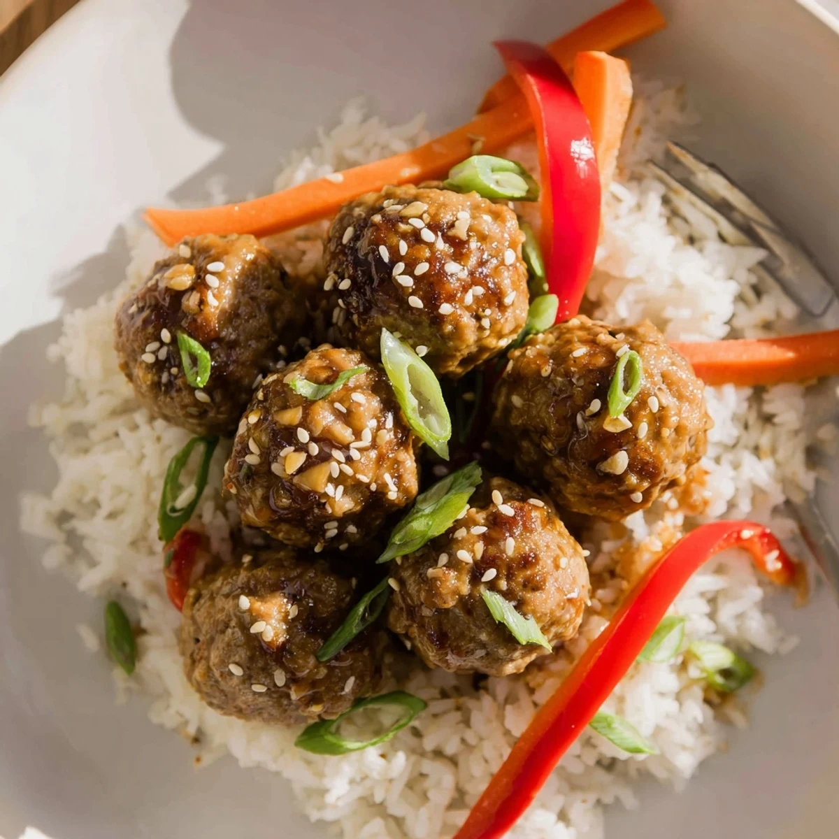 Baked Hello Fresh Firecracker Meatballs tossed with spicy honey glaze and sesame seeds