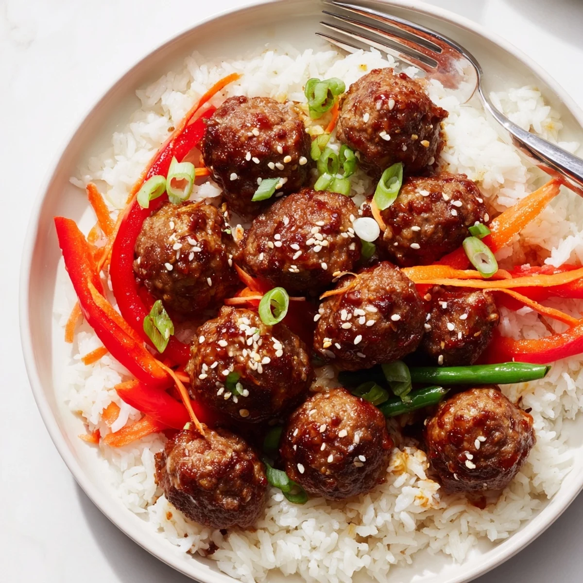 Family style Hello Fresh Firecracker Meatballs served with crisp sauteed vegetables and scallions