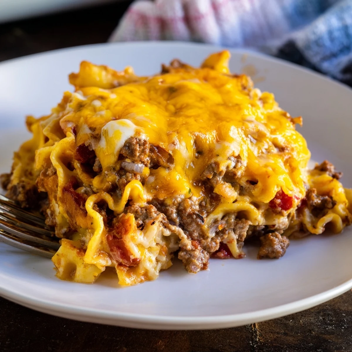 Sliced Beef Lombardi Casserole served with crisp green salad and crusty bread