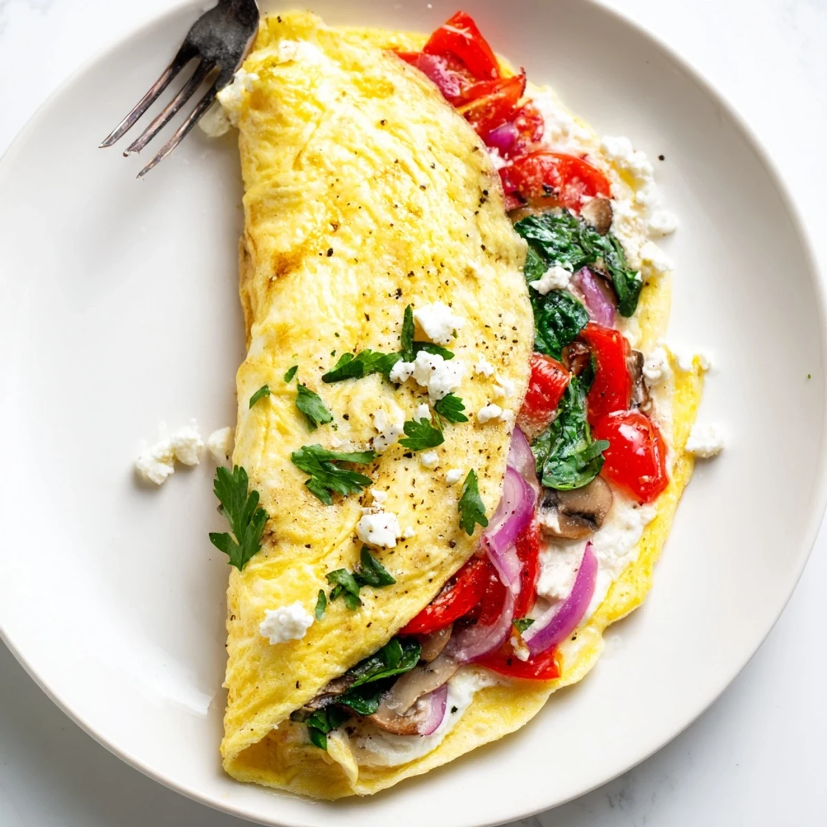 Plate showcases Egg White Omelette with Vegetables, fluffy center and colorful peppers