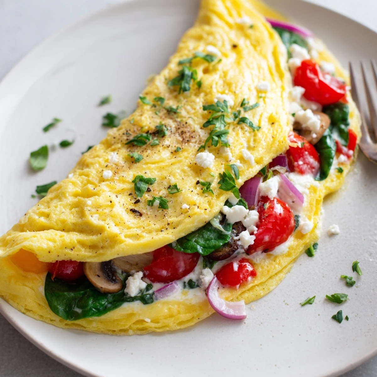 Skillet-cooked Egg White Omelette with Vegetables folded, sprinkled feta, warm toast