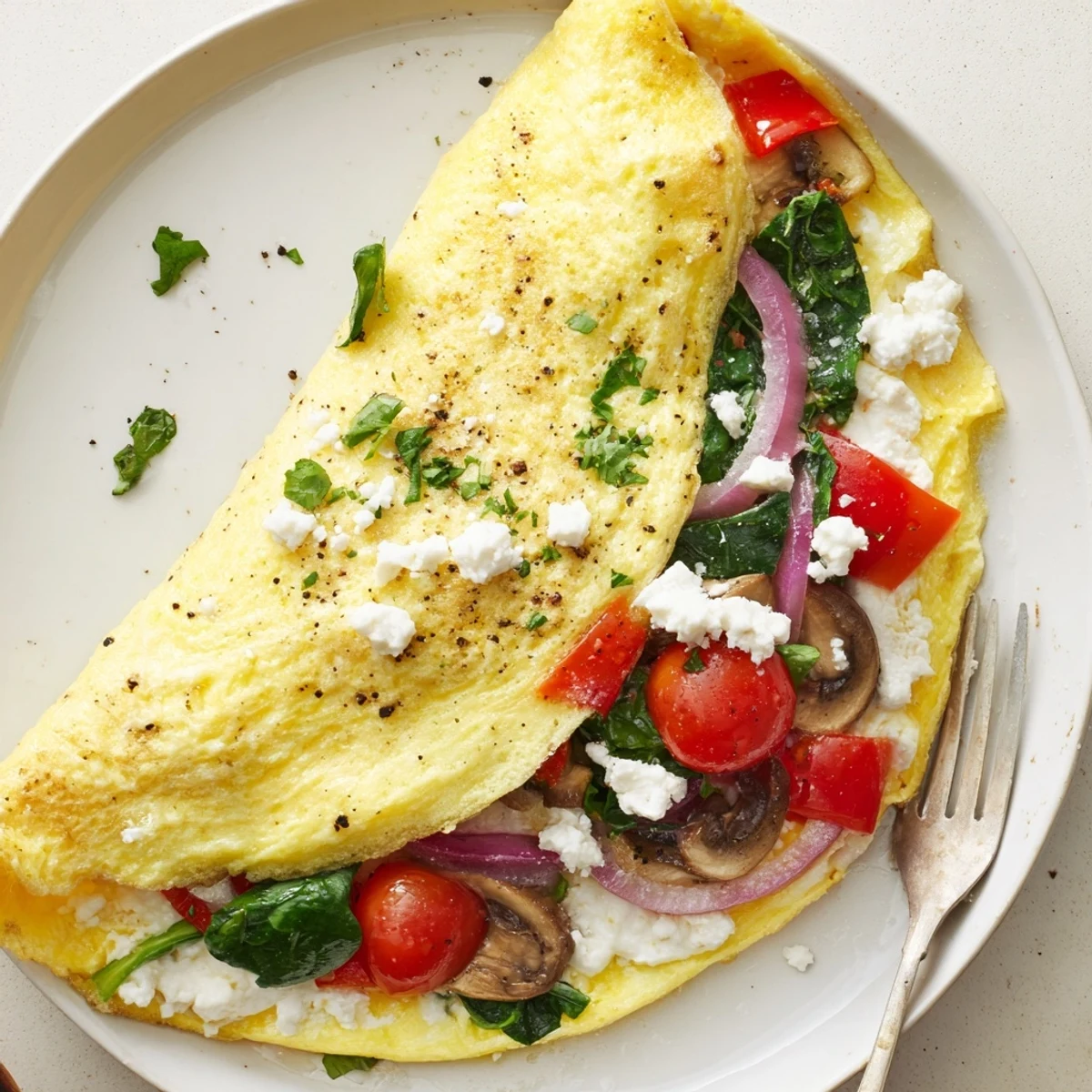 Bright Egg White Omelette with Vegetables garnished with parsley, cherry tomatoes glistening