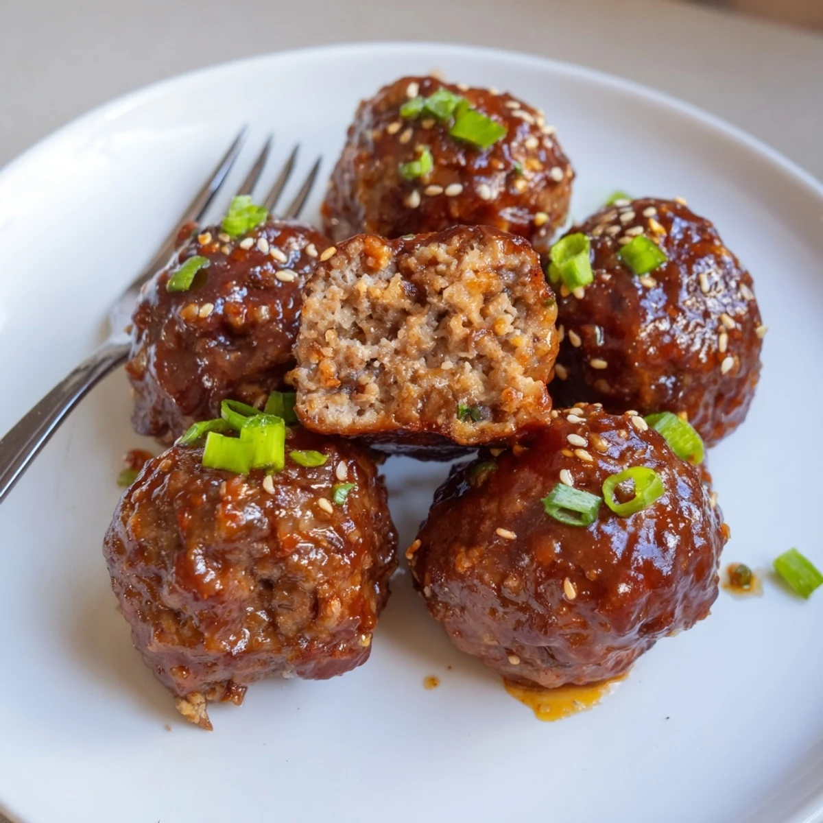 Oven-browned Firecracker Meatballs glazed in sticky sweet-spicy sauce, sesame garnish.