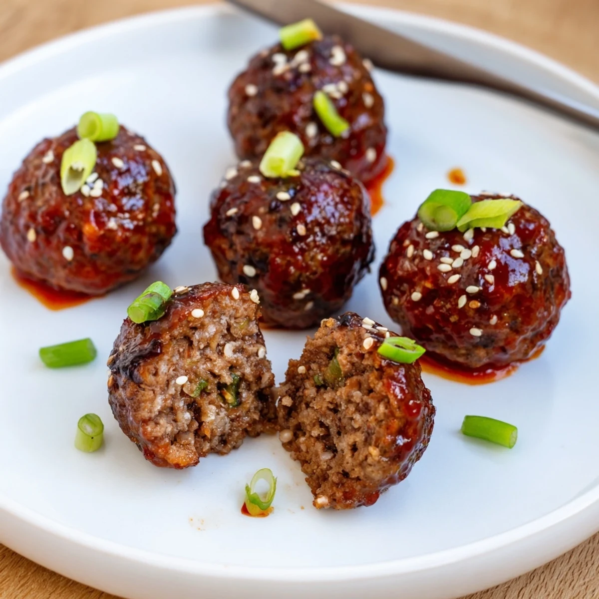 Firecracker Meatballs piled on platter, steaming rice and scallions for serving.