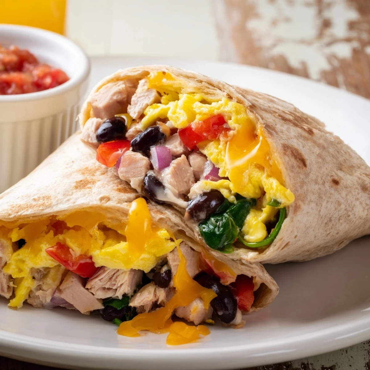 Protein Breakfast Burrito with gooey cheddar, turkey, sauteed peppers, served with salsa